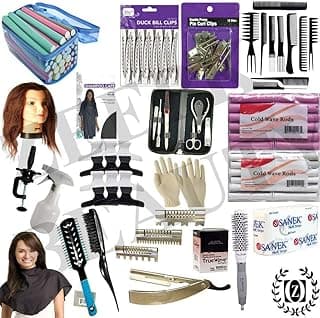 Profession 20PCS Cosmetology Kit Hair School, Barbershop Beauty Salon Approved Use! 10 Piece Comb Set, Butterfly Clips, Flex Rods, Mannequin Head w/Stand! Hair Brushes! Neck Wraps! image