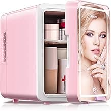 Skincare Fridge, Mini Fridge with Dimmable LED Morror, 6L Makeup Fridge for Bedroom, Car, Office & Dorm, Cooler & Warmer, Portable Small Refrigerator for Cosmetics, Skin Care and Food, Pink image