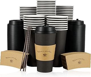 LITOPAK 50 Pack 20 oz Paper Coffee Cups, Drinking Cups for Hot Coffee Chocolate Drinks, Disposable Coffee Cups with Lids, Sleeves. and Stirring Sticks, Black Hot Coffee Cups for Home and Cafes image