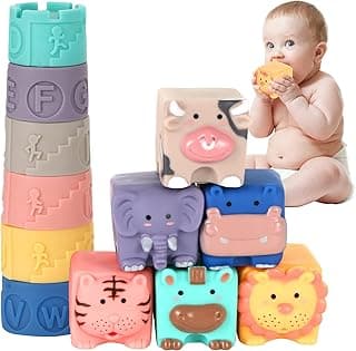 Montessori Toys Baby Bath Toy: 12 Pack Infant Stacking Cup Building Blocks for Boys& Girls 6 to 12 Months and Up - Sensory Teething Toy Play - Sensory Animal Squeeze Block Set image