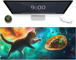 Galaxy Taco Cat Desk Mat, Large Gaming Mouse Pad with Fun Space-Themed Design Featuring Cat and Taco, Ideal for Office, Home, and Gaming Setup, Fun Gift for Cat Lovers, 24x14in image