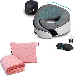 Memory Foam Neck Travel Pillow Set with Deluxe Soft Airplane Fleece Travel Blanket image