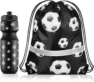 Talltalk 2 Pcs Soccer Party Favors, Soccer Drawstring Bags Goodie Treat Bags and 24 oz Squeeze Water Bottles