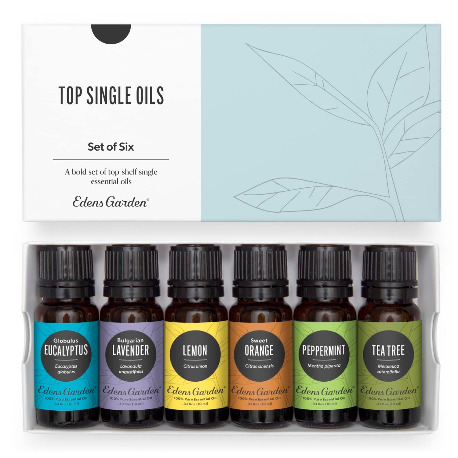 Edens Garden Top Essential Oils 6 Set – 100% Pure Therapeutic Grade, Undiluted: Lavender, Peppermint, Eucalyptus, Tea Tree, Lemongrass, Sweet Orange – Aromatherapy Oil for Diffusers, 10 ml/ 6 Pack image