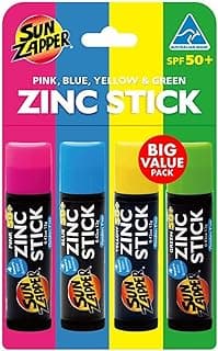 Sun Zapper Zinc Oxide Mineral Sunscreen Stick (Pink, Blue, Green, Yellow) SPF 50+ Water Resistant for Face & Body, Adults, Kids, 4-Pack Broad Spectrum Sun Block, Made in Australia image
