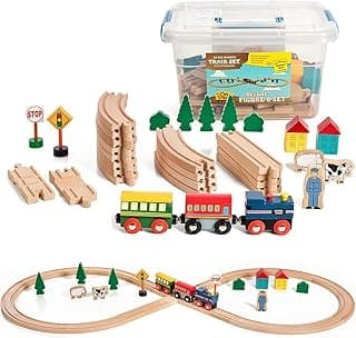 Wooden Train Set 35 Piece All in One Wooden Toy Train Tracks Set with Magnetic Trains and Railway Accessories, Comes in A Clear Container, Compatible with All Major Brands image