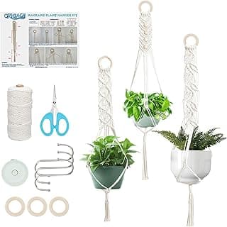 ORIGACH 3 Set DIY Macrame Plant Hanger Kit for Beginner, Boho Macrame Hanging Plant Holders with Macrame Cord, Wooden Rings, S Hooks & Instructions for Adult Beginner image