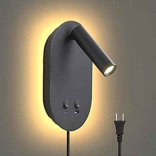 Wall Lamp Plug in Hardwired 2 in 1 Wall Sconces, Wall Mounted Reading Light with USB Type C Ports, Adjustable Bedside Headboard Spotlight, Bedside Lamp with 9W+3W Night Light 3000K (Black) image