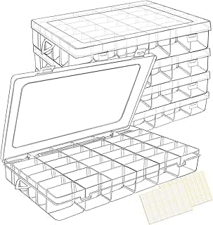RYKOMO 5 Pack 36 Grids Clear Plastic Organizer Storage Box Container with 270 Label Stickers, Craft Bead Organizers and Storage with Adjustable Dividers Plastic Container with Dividers for Crafts