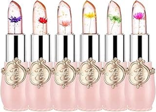 firstfly Pack of 6 Crystal Flower Jelly Lipstick, Long Lasting Nutritious Lip Balm Lips Moisturizer Magic Temperature Color Change Lip Gloss (Pink) image