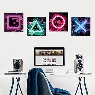Gaming Poster Set Game Room Sticker for Wall Set of 4 (11.8" x 11.8" x 4 Pcs) Peel and Stick Video Game Controller Button Printed Neon Wall Decals Game Pad Button for Gamer Playroom Bed Living Room image