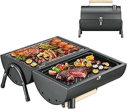 Portable Charcoal Grill, Small BBQ Grill with Smoker Double-Side Use Outdoor for Camping, Tabletop Compact Barbecue Grill (Black) image