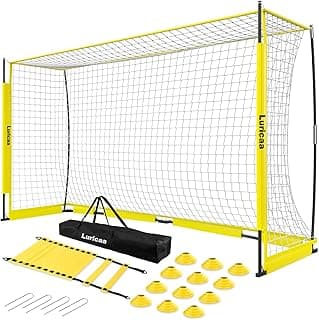 Collapsible Soccer Goal, 12×6 ft Portable Soccer Goal Net for Backyard, Quick Setup Soccer Goals with 1 Carry Bag, 1 Agility Ladder, 4 Ground Nails,12 Training Cones