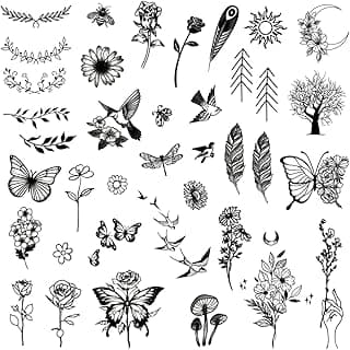 Mini Nature Temporary Tattoos - Realistic Long Lasting Waterproof Tiny Tattoos - Black and White Butterflies Bird Flower Rose Tree Branch Boho Small Tattoos for Women and Men image