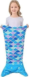 Kids Mermaid Tail Blanket, Soft Flannel Blanket, Girl's Mermaid Toys, Toddlers Girls Fleece Mermaid Tail Blanket with Star, Fish Scale Pattern, Blue, Gifts for Girls, 17" x 39"
