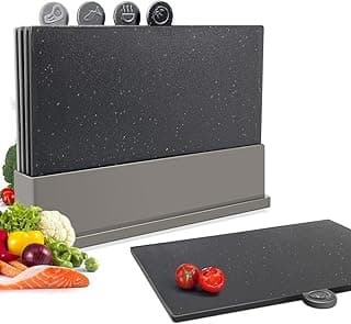 Masthome Index Chopping Board Set, 4-Pieces Plastic Cutting Boards with Food Icons and Storage Stand, BPA Free, Dishwasher Safe, Professional Chopping Board Set for Kitchen