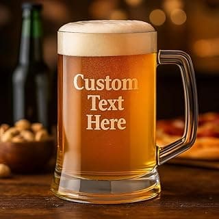 Customized Glass Beer Mug with Text or Logo Upload, 16oz Classic Beer Stein, Personalized Beer Lover Gift with Sandblasted Finish, 2x Better Than Laser Engraved, Design Lasts Lifetime of Mug (16oz)