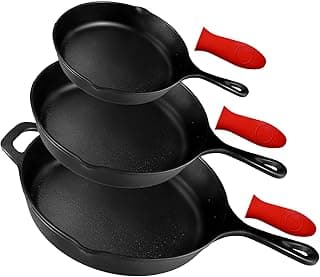 Pre-Seasoned Cast Iron Skillet Set of 3 | 6", 8" & 10" Cast Iron Frying Pans with 3 Heat-Resistant Holders - Indoor and Outdoor Use - Oven Grill Stovetop Induction Safe Cookware image
