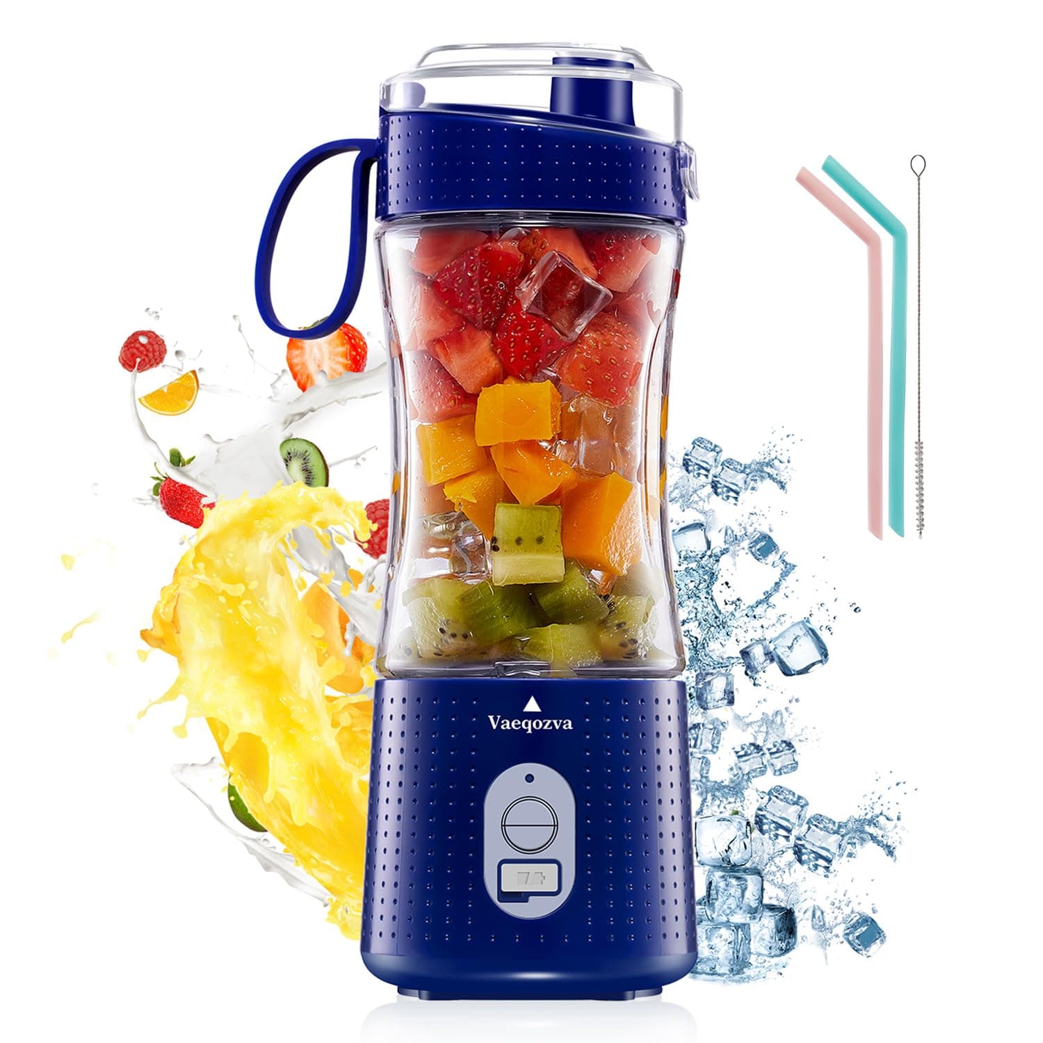 Portable Blender, Vaeqozva USB Rechargeable Smoothie on the Go Blender Cup with Straws, Protein Shakes Fruit Mini Mixer for Home, Sport, Office, Camping - Navy Blue image