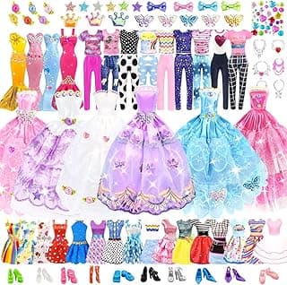 75Pcs Doll Clothes and Accessories Fashion Design kit for 11.5 Inch Doll Dress Up Including 2 Wedding Gown Dresses 1 Fashion Dress 2 Party Dress 8 Mini Dresses 3 Tops and Pants 10 Shoes 6 Necklaces image