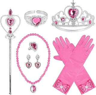 Princess Dress Up Party Accessories for Princess Costume Gloves Tiara Wand Necklace Earrings Bracelet and Ring Gift Set 9pcs (Rose, Set of 7, 9pcs) image