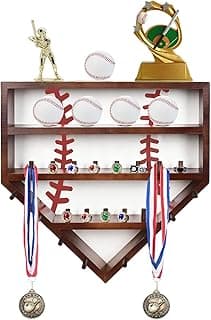 Baseball Display Case - 17" Wooden Baseball Holder, Wall Mounted Display for Collecting Balls, Rings, Trophies, Medals, Etc