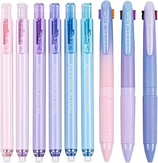 COLNK Retractable Highlighters Assorted Colors and Colored Ballpoint Pens, Set of Pastel Highlighter Pens and 4-in-1 Multicolor Ballpoint Pen Colorful Ink,Pack-9-A image