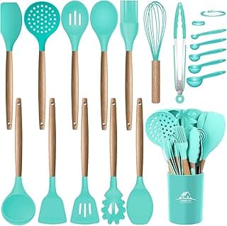 MIBOTE 17 Pcs Silicone Cooking Kitchen Utensils Set with Holder, Wooden Handles Cooking Tool BPA Free Turner Tongs Spatula Spoon Kitchen Gadgets Set for Nonstick Cookware (Teal) image