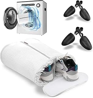 Shoe Washing Machine Bag - Dual Shoe Bag for Washing with Adjustable Shoe Trees, Laundry Shoe Bag for 2 Shoes, Fluffy Fiber, Wrap-around Cleaning, Olive-shaped Design, Durable Zipper, White image