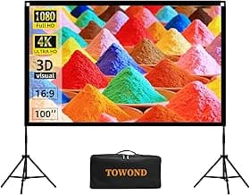 Projector Screen and Stand, Towond 100 inch Portable Movie Screen Indoor Outdoor 16:9 4K HD Front Rear Projection Screen with Carry Bag Wrinkle-Free and Foldable Design for Backyard Movie Night