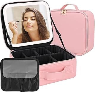 Makeup Bag With LED Mirror, Cosmetic Bag Organizer, Travel Cosmetic Bag With Mirror, With Removable Rechargeable Mirror, 3-Color Illumination, Portable Adjustable Divided Cosmetic Organizer (Pink) image