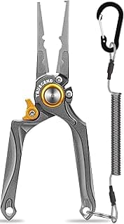 TRUSCEND Lockable Handy Fishing Pliers with Innovative Ergonomical Handle, Corrosion Saltwater Resistant Teflon Coated Fishing Tool, Multi-Function Fishing Gear with Mo-V Cutter, Amazing Fishing Gifts image