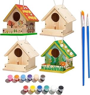 4 Sets Wooden Birdhouse Kit for Outdoor DIY Paint Your Own Wood Kid Art Craft Outdoor Birdhouse Kit Hanging Bluebird Cardinals for Spring Summer STEM Projects