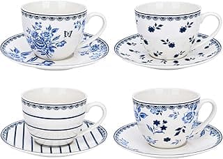 Bone China Kitchen Teacups 8.8 fl oz (260 ml) Floral Tea Cups Vintage Indigo Tea Cup and Saucer Set of 4 Pretty Tea Cup with Matching Saucer Christmas Mugs image