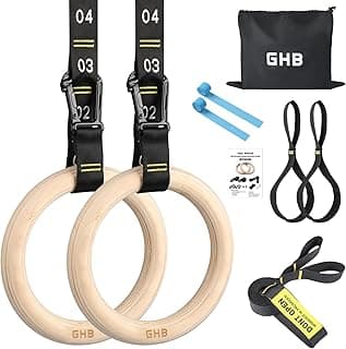 GHB Gymnastic Rings Wooden Gym Rings 1.25" Olympic Rings Adjustable Numbered Straps Pull Up Rings Sets for Workout Bodyweight Fitness Training image