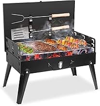 Portable Charcoal Grill, Small BBQ Grill Outdoor Folding Barbecue Grill with Barbecue Accessories & Lid, Foldable Camping Grill for Outdoor Cooking Camp Picnic Hiking Beach Patio Smokers