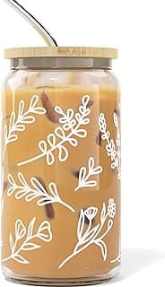 Iced Coffee Cup with Bamboo Lids and Straws | 16 oz Mason Jar Cups & Iced Coffee Tumbler with Lid and Straw | Glass Cups for Iced Coffee, Boba Cup | Beer Can Glass & Smoothie Cup - Wild Flowers image