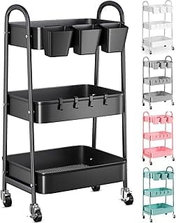 3 Tier Black Metal Rolling Cart with Lockable Wheels & Hanging Cups, Utility Storage Organizer for Bathroom, Kitchen, Laundry, Garage, Craft, Baby Diaper, Snack and Book, Easy Assembly