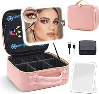 Travel Makeup Bag with Magnetic Removable Lighted Mirror, Cosmetic Bag Organizer with Mirror 360° Angle, Tri-Color LED Lighted Makeup Case, Portable Makeup Travel Train Case with Adjustable Dividers image
