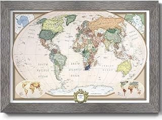 Renditions Gallery Colorful World Map Canvas Wall Art with Silver Wood Frame Wall Hanging Travel Map with Push Pins for Living Room, Bedroom, Office Room