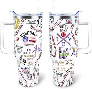 Baseball Cup 40 oz Tumbler with Handle and Straw Lid Leak Proof - Baseball Cup for Baseball Gifts for Team Coach Boys- Stainless Steel Cup Dishwasher Safe image