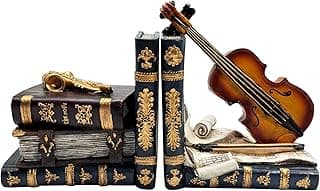 Vintage Decorative Bookends, Unique Violin Book Piggy Bank Book Ends Heavy Duty Book Stopper for Shelves,Home Office Decor,Gifts for Music Lovers