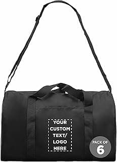 6 Sporty Duffle Bags Set - Customizable Text, Logo - Polyester, Adjustable Strap, Front Pocket, Roll Styling - Black