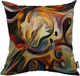 Mugod Guita Decorative Throw Pillow Cover Case Fluttering Mobile Human and Musical Note Red Brown Black Cotton Linen Pillow Cases Square Standard Cushion Covers for Couch Sofa Bed 18x18 Inch image