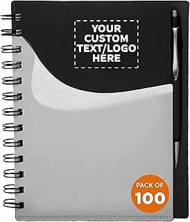 DISCOUNT PROMOS Custom Spiral Notebooks with Front Pocket Set of 100, Personalized Bulk Pack - Durable Plastic Cover, Includes Matching Pen in Blank Ink, Perfect for School, Office, Home - Black image