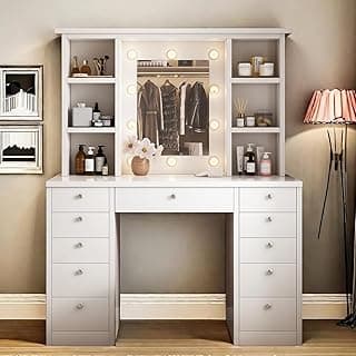 Fefances Premium Vanity Desk with LED Lighted Mirror & 11 Drawers - Adjustable 3-Color Lighting Modes, Hidden Wiring Design - Ideal Dressing Table for Bedroom,White image