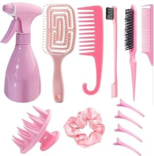 DUAIU Hair Brush Set, 12PCS Hair Brushes and Hair Combs for Women, Vented Deangler Brush Slick Back Brush Wide Tooth Comb Spray Bottles Hair Styling Tools (PINK) image