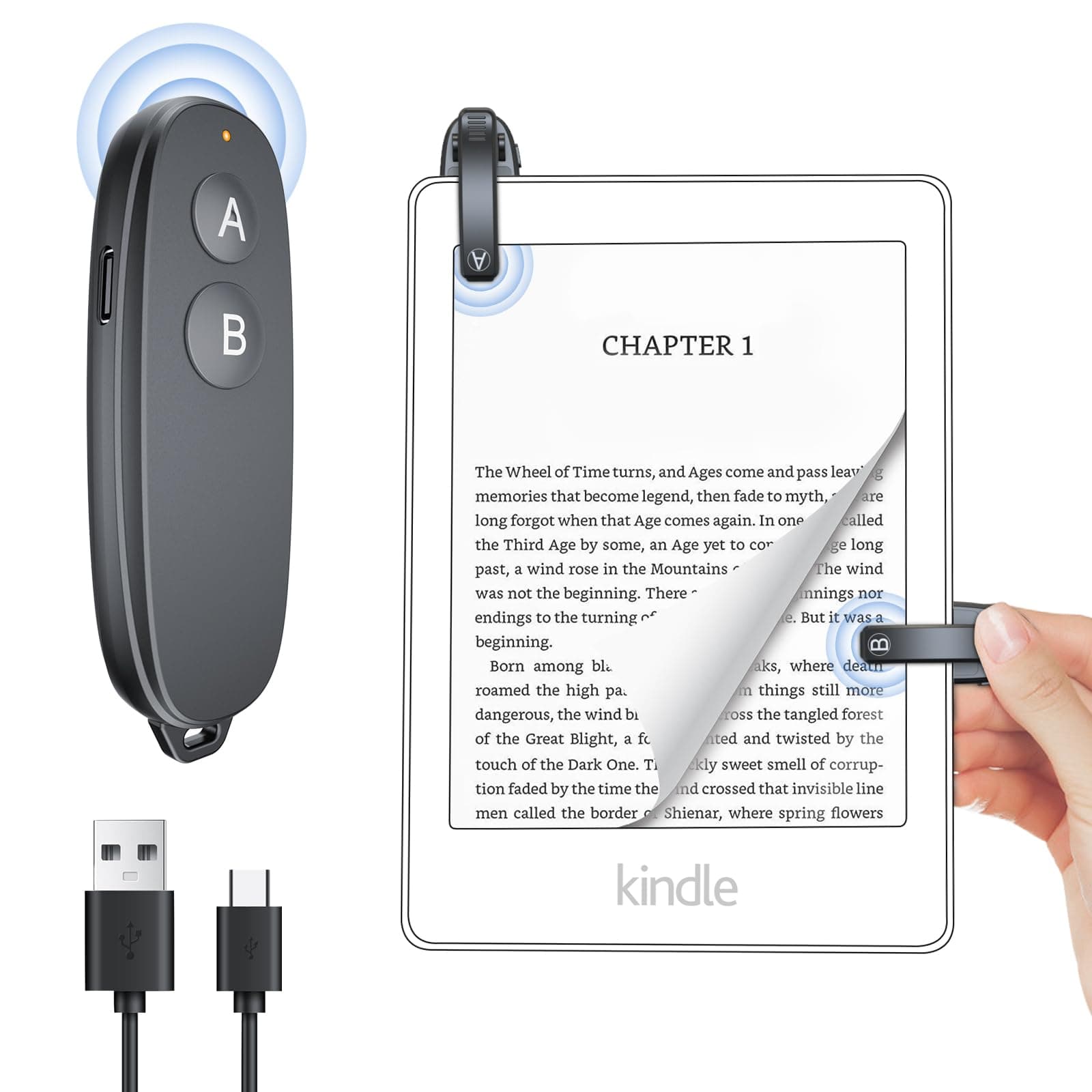 RF Remote Control Page Turner, Wireless Page Turner, USB-C Rechargeable, No Bluetooth, No WiFi Required, Fingerprint-Resistant Clips for Kindle & Kobo, Portable eBook Reader Accessory