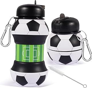 Collapsible Water Bottle for Boys Men 19oz 550ml Silicone Foldable Bpa Free Leakproof Sports Water Jugs for School Sports Travel with Flip Spout Christmas Birthday Gifts, Black & White Soccer Style image