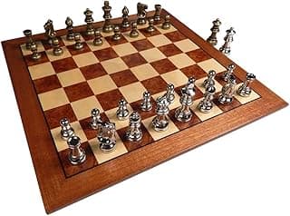 Hayes Inlaid Maple, Mahogany, and Sapele Wood Chess Board with Metal Pieces, 2.5 Inch King, and Extra Queens (Large 15 x 15 Inch Set) image